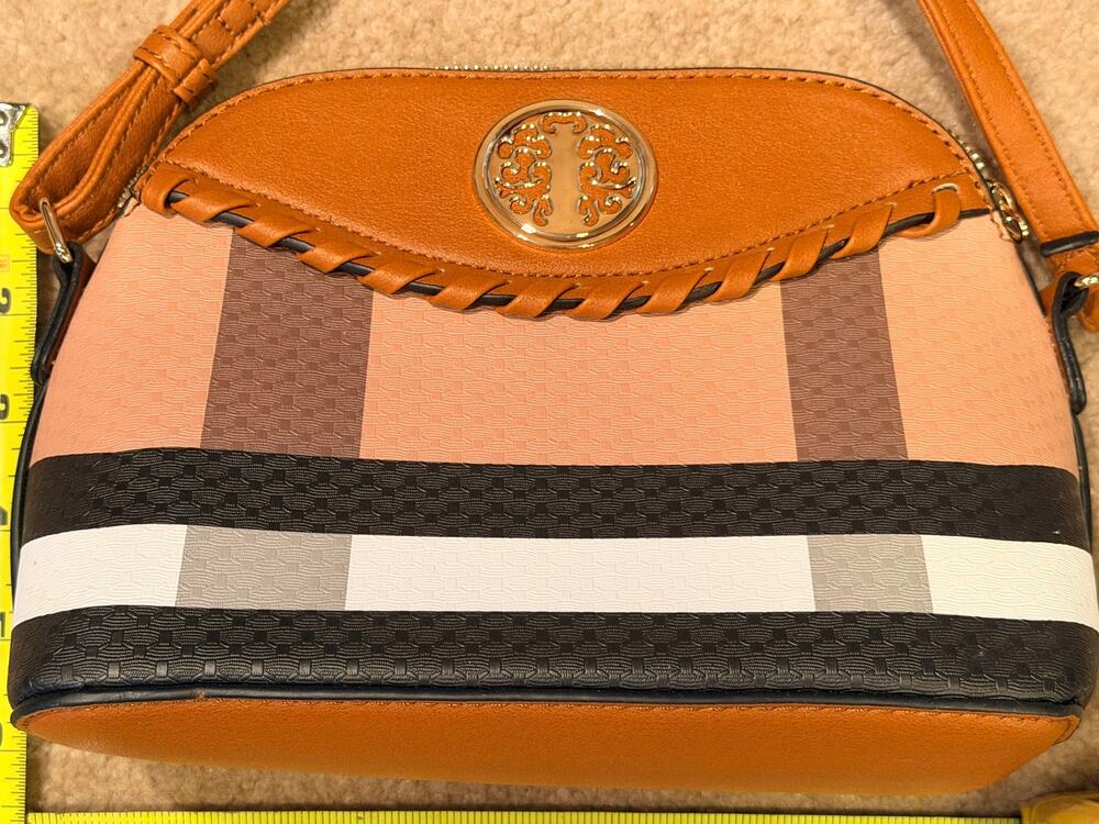 Brown Plaid Crossbody Bag Faux Leather Dome Purse Striped Design Gold Accent